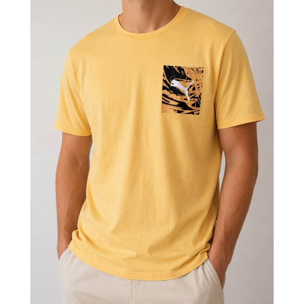 Men's Yellow PUMA T-Shirt with Tiger Print Logo Graphic - Size L